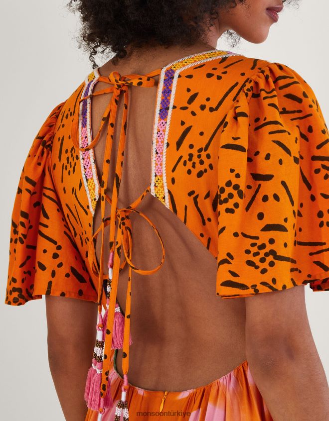 Monsoon kadınlar lenzing ecovero desenli kaftan elbise JH86BT307 Giyim turuncu (mercan)