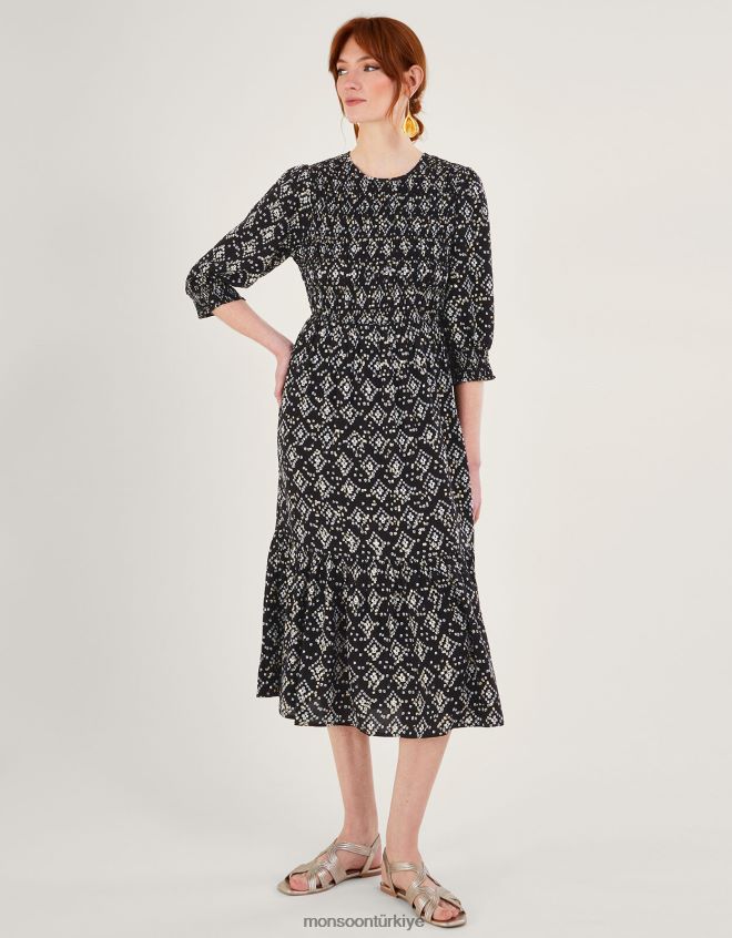 Monsoon kadınlar lenzing ecovero geometrik desenli 3/4 kollu büzgülü elbise JH86BT1046 Giyim siyah