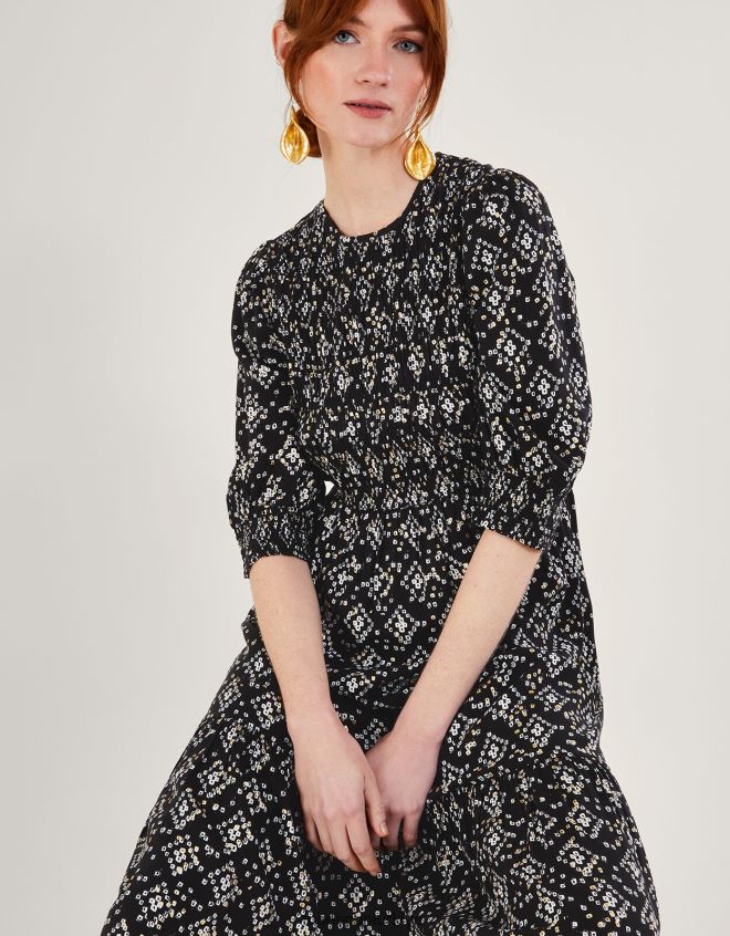 Monsoon kadınlar lenzing ecovero geometrik desenli 3/4 kollu büzgülü elbise JH86BT1046 Giyim siyah