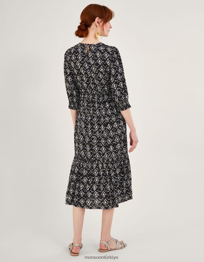 Monsoon kadınlar lenzing ecovero geometrik desenli 3/4 kollu büzgülü elbise JH86BT1046 Giyim siyah