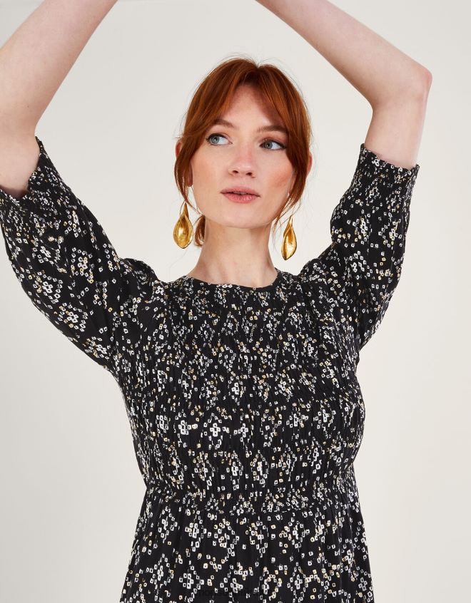 Monsoon kadınlar lenzing ecovero geometrik desenli 3/4 kollu büzgülü elbise JH86BT1046 Giyim siyah