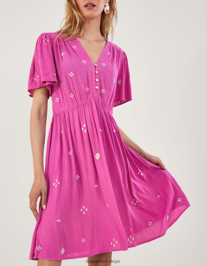 Monsoon kadınlar lenzing ecovero işlemeli kırışık kısa elbise JH86BT59 Giyim pembe