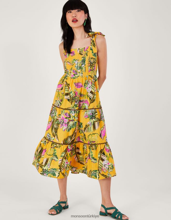 Monsoon kadınlar lenzing ecovero ile botanik desenli katmanlı sundress JH86BT691 Giyim sarı
