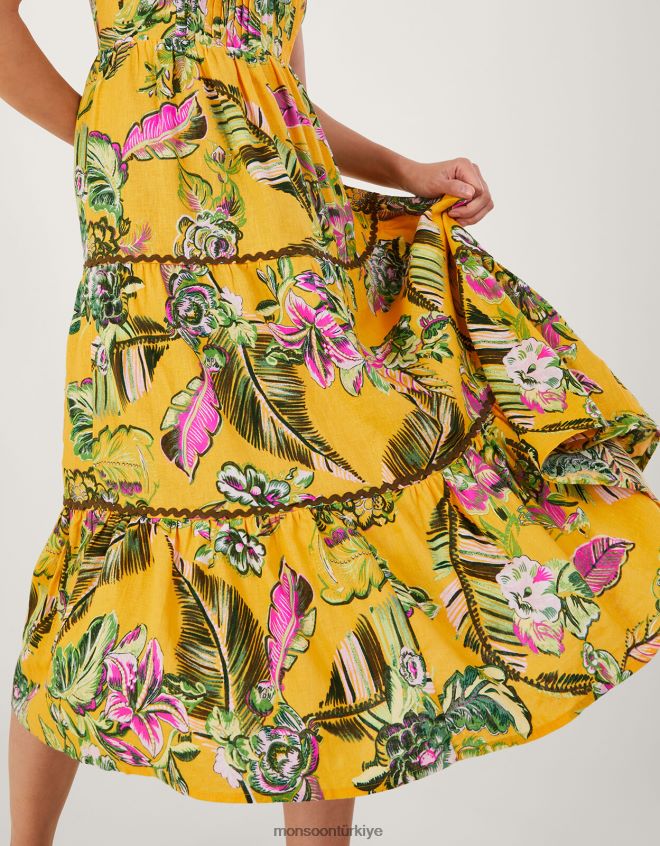 Monsoon kadınlar lenzing ecovero ile botanik desenli katmanlı sundress JH86BT691 Giyim sarı