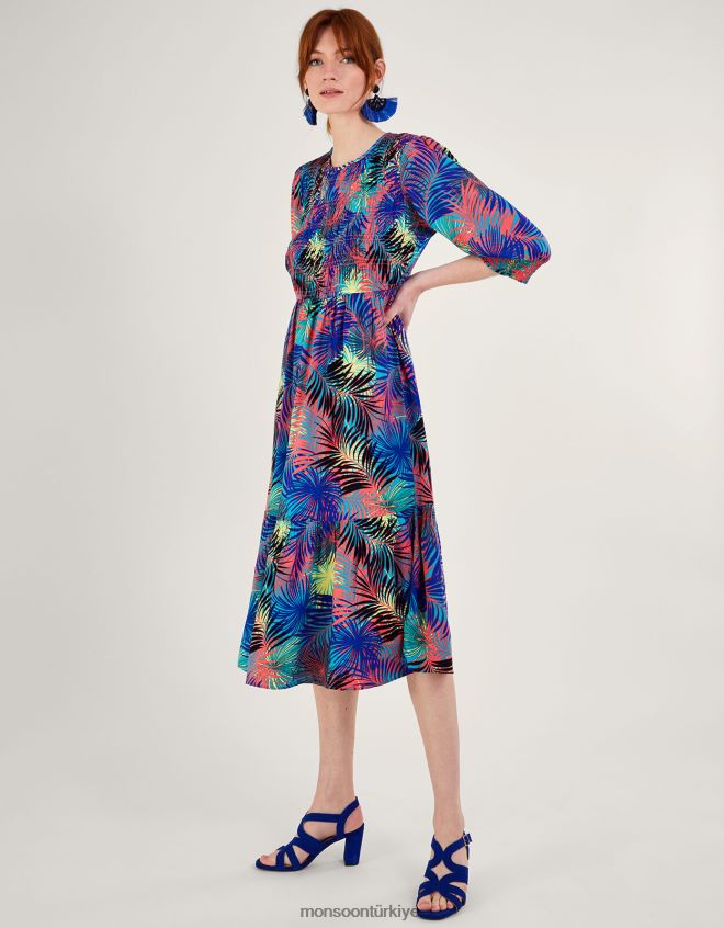 Monsoon kadınlar lenzing ecovero palmiye desenli 3/4 kollu büzgülü elbise JH86BT966 Giyim mavi