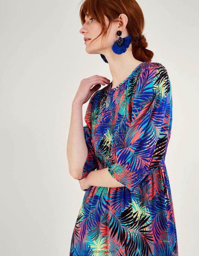 Monsoon kadınlar lenzing ecovero palmiye desenli 3/4 kollu büzgülü elbise JH86BT966 Giyim mavi