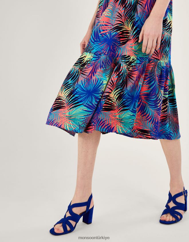 Monsoon kadınlar lenzing ecovero palmiye desenli 3/4 kollu büzgülü elbise JH86BT966 Giyim mavi
