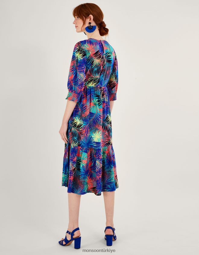 Monsoon kadınlar lenzing ecovero palmiye desenli 3/4 kollu büzgülü elbise JH86BT966 Giyim mavi