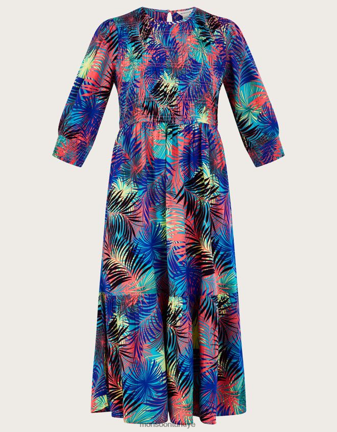 Monsoon kadınlar lenzing ecovero palmiye desenli 3/4 kollu büzgülü elbise JH86BT966 Giyim mavi
