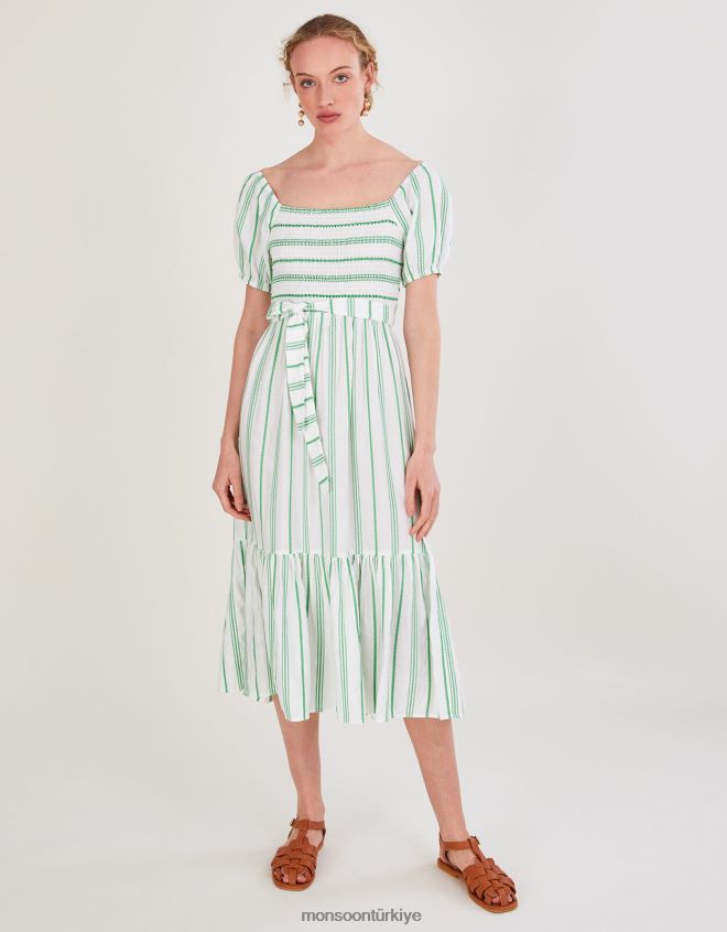 Monsoon kadınlar lenzing ecoverolu şerit jakarlı kuşaklı katlı elbise JH86BT812 Giyim yeşil