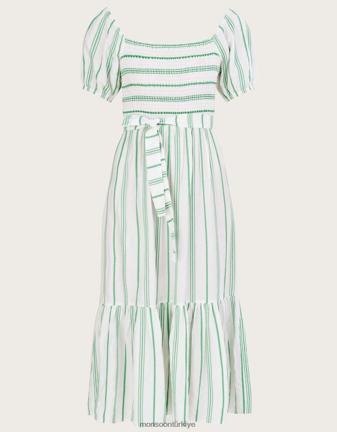 Monsoon kadınlar lenzing ecoverolu şerit jakarlı kuşaklı katlı elbise JH86BT812 Giyim yeşil