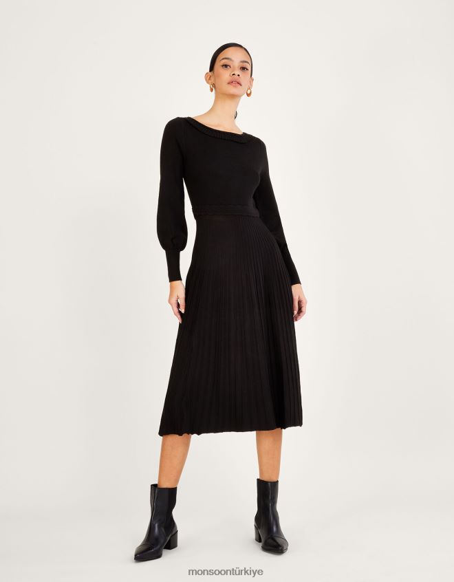 Monsoon kadınlar lenzing ecoverolu pileli yırtmaç yaka midi elbise JH86BT604 Giyim siyah