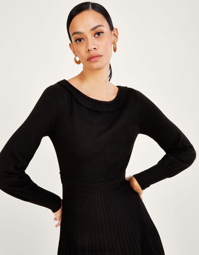 Monsoon kadınlar lenzing ecoverolu pileli yırtmaç yaka midi elbise JH86BT604 Giyim siyah