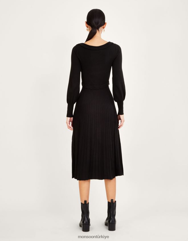 Monsoon kadınlar lenzing ecoverolu pileli yırtmaç yaka midi elbise JH86BT604 Giyim siyah