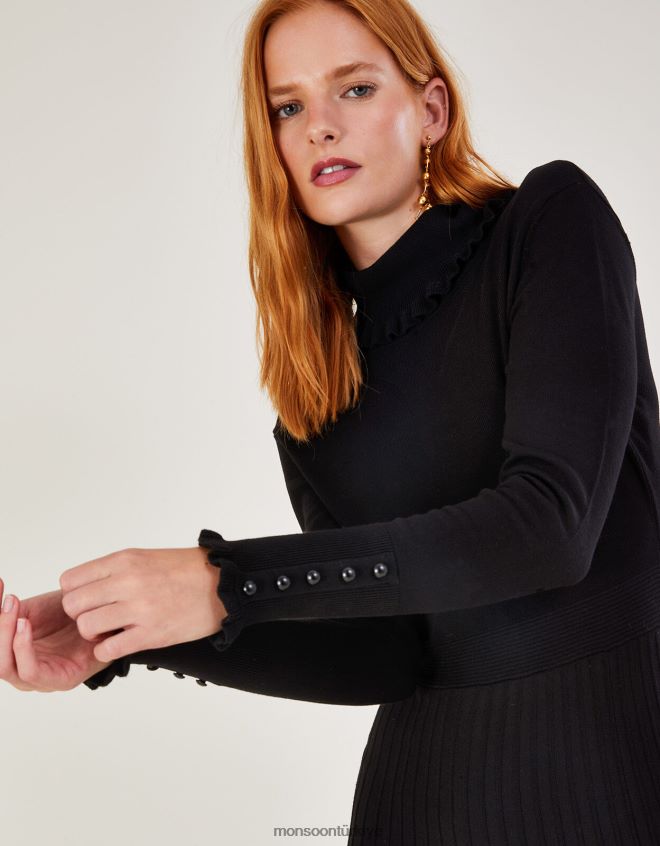 Monsoon kadınlar lenzing ecoverolu yuvarlak yakalı örgü elbise JH86BT1102 Giyim siyah