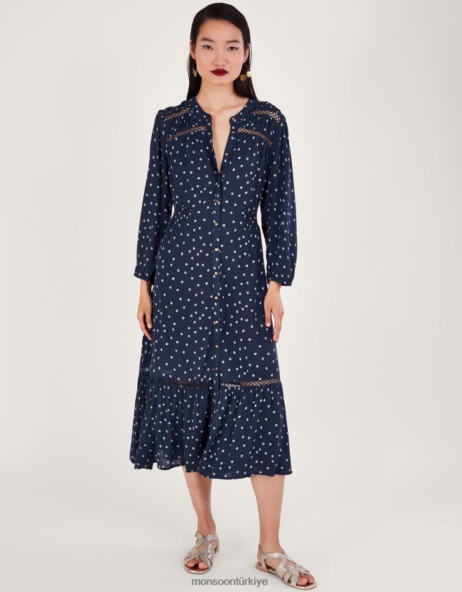 Monsoon kadınlar nokta kesim midi elbise JH86BT34 Giyim Mavi Donanma)