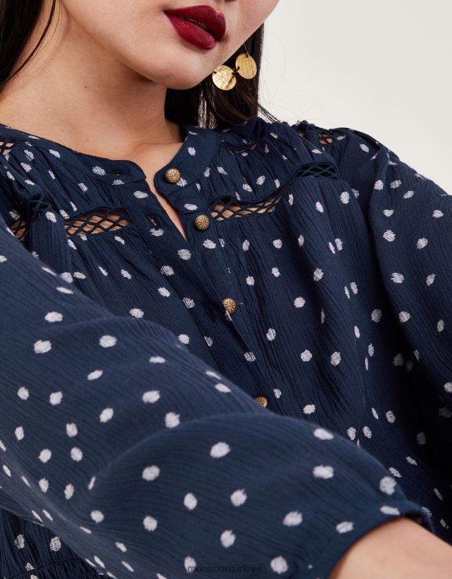 Monsoon kadınlar nokta kesim midi elbise JH86BT34 Giyim Mavi Donanma)