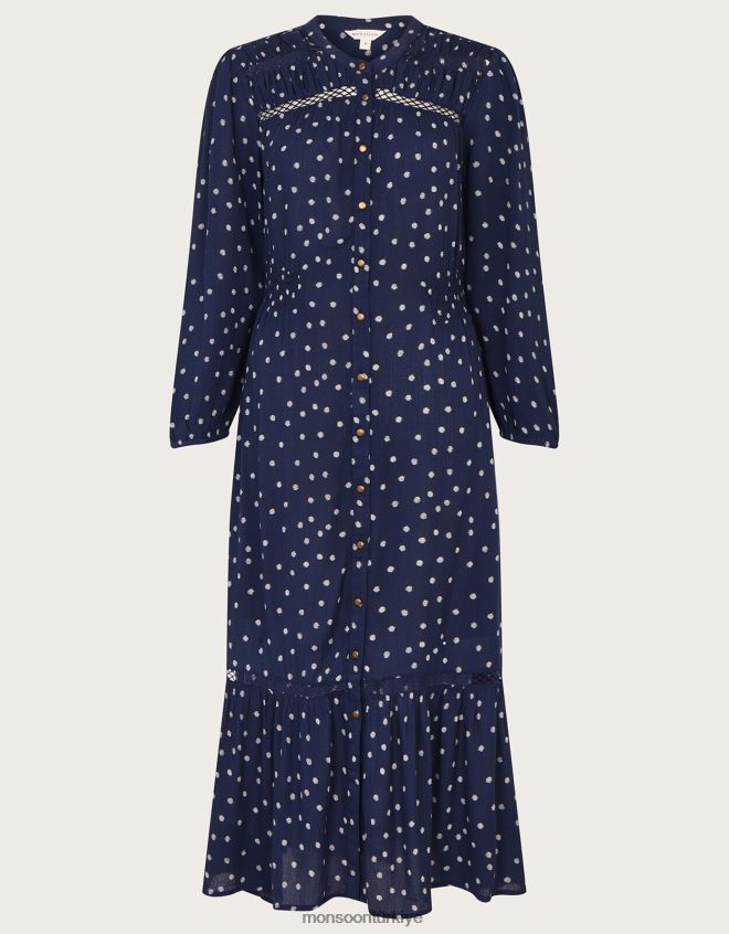 Monsoon kadınlar nokta kesim midi elbise JH86BT34 Giyim Mavi Donanma)