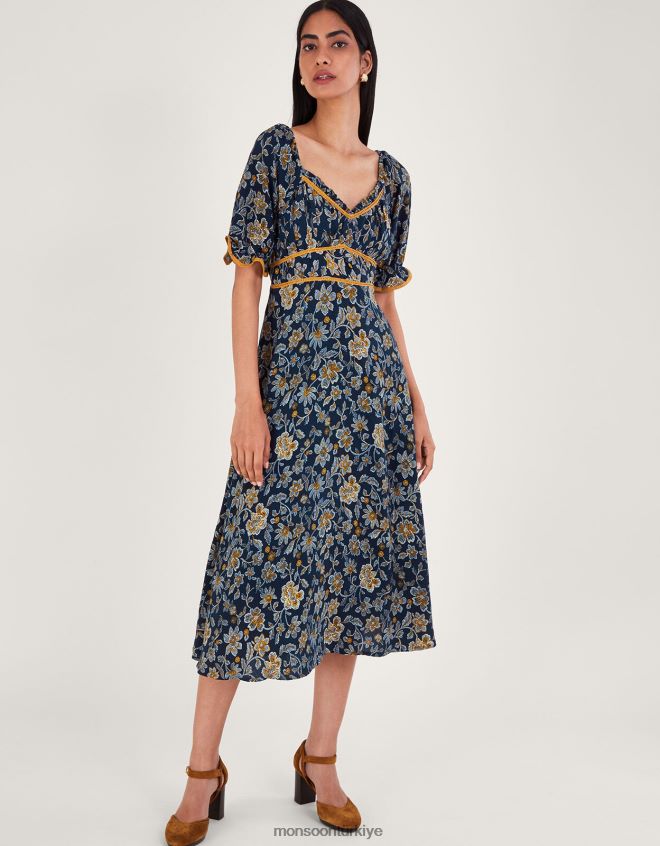 Monsoon kadınlar noktalı çiçek elbise JH86BT126 Giyim Mavi Donanma)