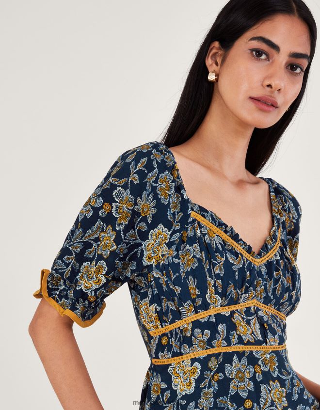 Monsoon kadınlar noktalı çiçek elbise JH86BT126 Giyim Mavi Donanma)