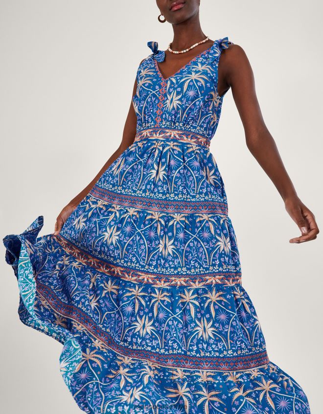 Monsoon kadınlar palmiye desenli midi elbise JH86BT851 Giyim mavi