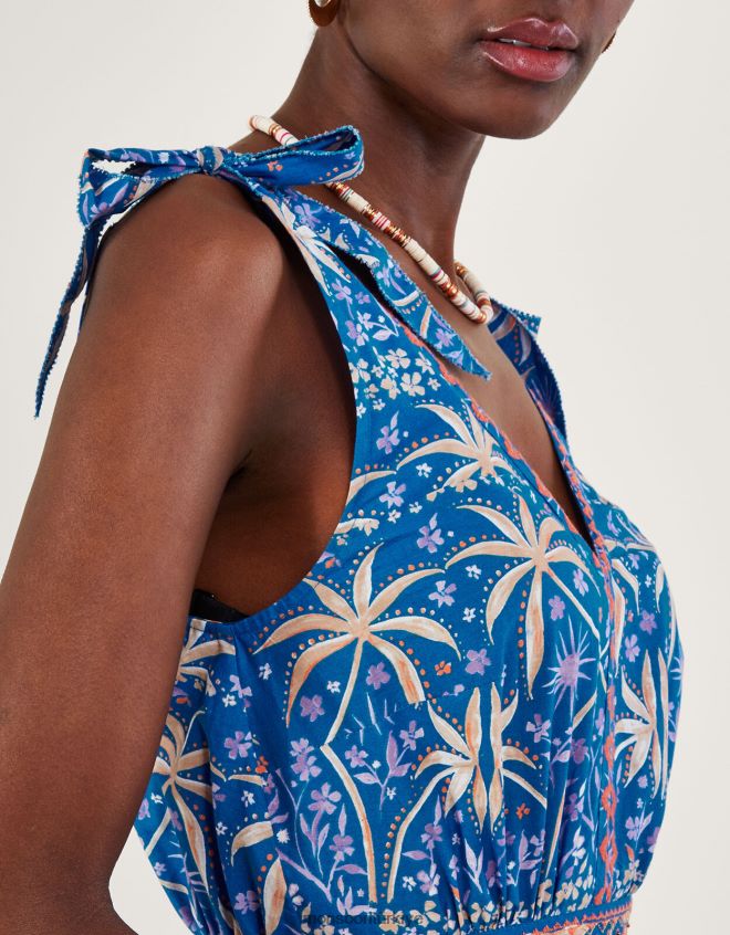 Monsoon kadınlar palmiye desenli midi elbise JH86BT851 Giyim mavi