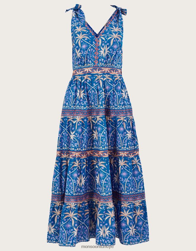 Monsoon kadınlar palmiye desenli midi elbise JH86BT851 Giyim mavi