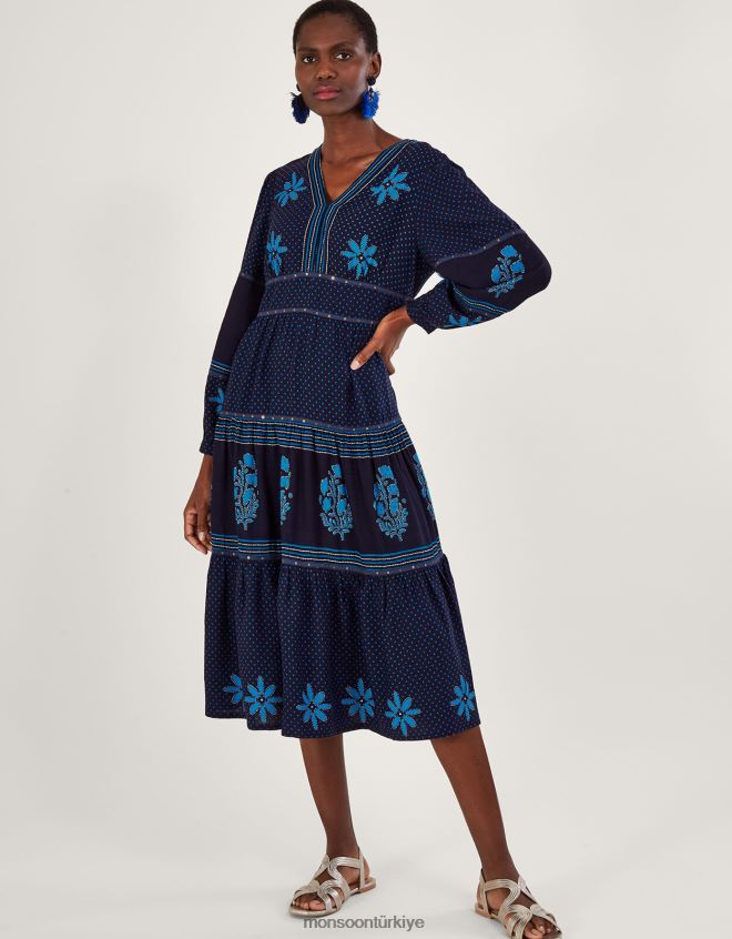 Monsoon kadınlar petal işlemeli desenli maxi elbise JH86BT1017 Giyim mavi