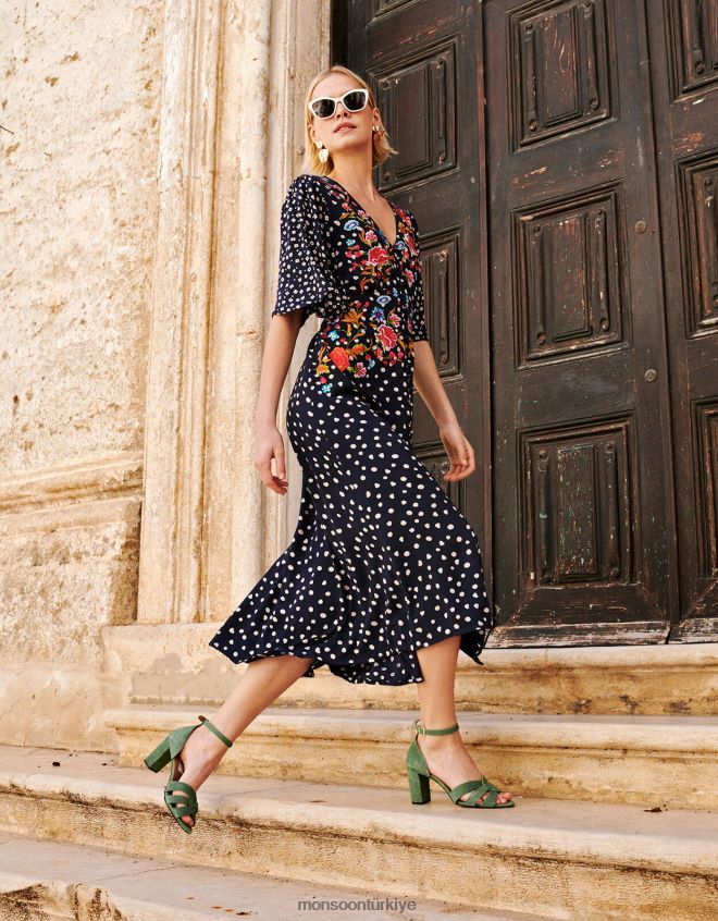 Monsoon kadınlar rori işlemeli çay elbisesi JH86BT696 Giyim Mavi Donanma)