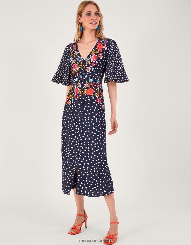 Monsoon kadınlar rori işlemeli çay elbisesi JH86BT696 Giyim Mavi Donanma)