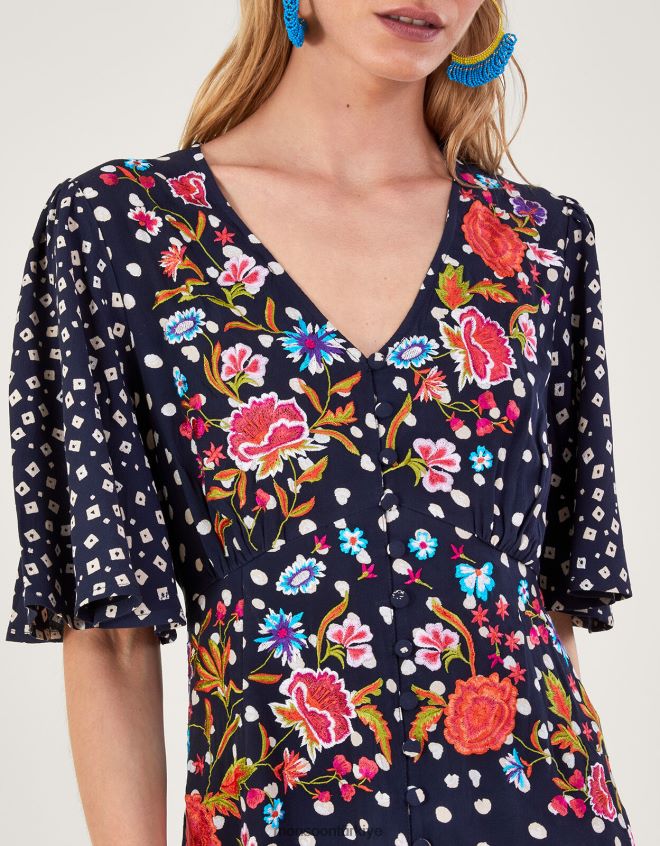 Monsoon kadınlar rori işlemeli çay elbisesi JH86BT696 Giyim Mavi Donanma)