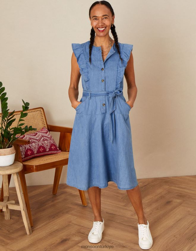 Monsoon kadınlar sürdürülebilir pamuktan fırfır kollu denim güneş elbisesi JH86BT1067 Giyim mavi (kot mavisi)
