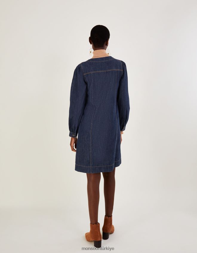Monsoon kadınlar sürdürülebilir pamuktan gömlek elbiseye kadar denim düğmesi JH86BT422 Giyim mavi (çivit mavisi)