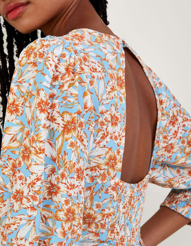 Monsoon kadınlar sürdürülebilir viskondan keava çiçek desenli çay elbisesi JH86BT770 Giyim mavi