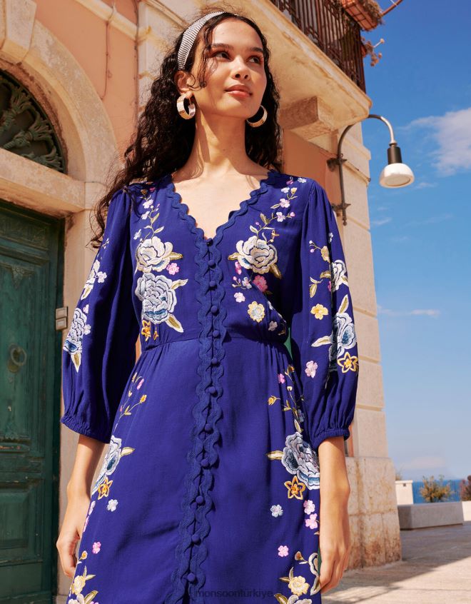 Monsoon kadınlar sürdürülebilir viskondan olla çiçek işlemeli çay elbisesi JH86BT332 Giyim mavi