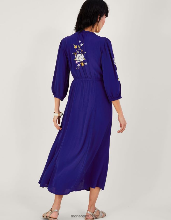 Monsoon kadınlar sürdürülebilir viskondan olla çiçek işlemeli çay elbisesi JH86BT332 Giyim mavi