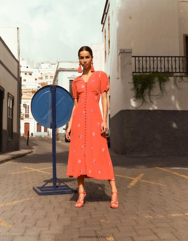 Monsoon kadınlar sürdürülebilir viskondan ollie işlemeli çay elbisesi JH86BT918 Giyim turuncu