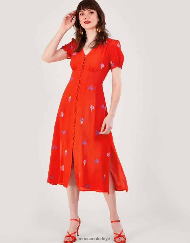 Monsoon kadınlar sürdürülebilir viskondan ollie işlemeli çay elbisesi JH86BT918 Giyim turuncu