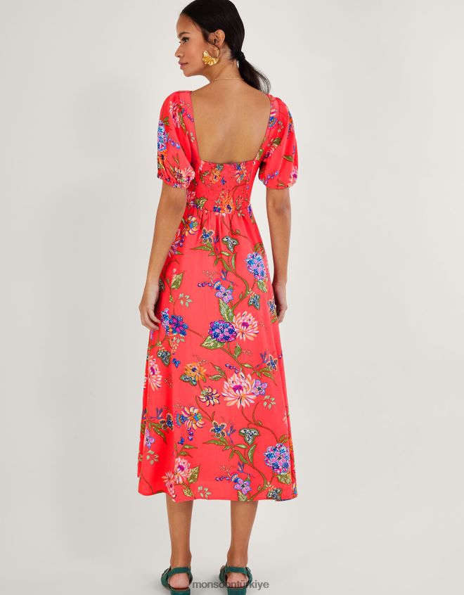 Monsoon kadınlar sürdürülebilir viskonlu regina çiçek desenli çay elbisesi JH86BT377 Giyim turuncu (mercan)