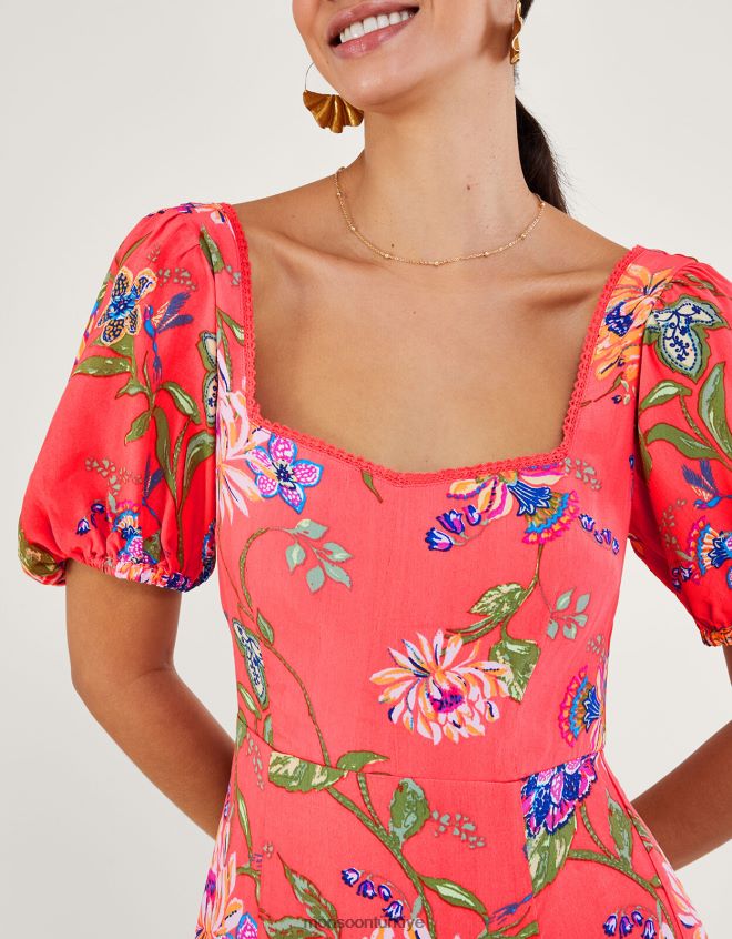 Monsoon kadınlar sürdürülebilir viskonlu regina çiçek desenli çay elbisesi JH86BT377 Giyim turuncu (mercan)