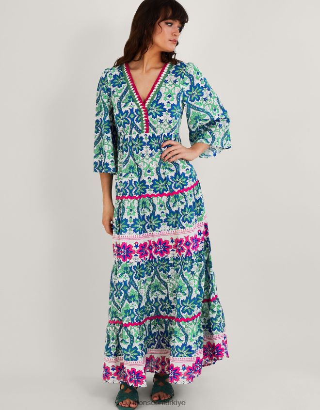 Monsoon kadınlar söğüt ağacı desenli elbise JH86BT603 Giyim mavi