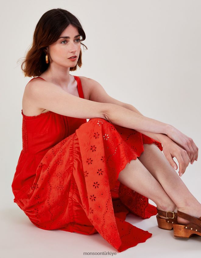 Monsoon kadınlar sade schiffli geniş askılı güneş elbisesi JH86BT574 Giyim kırmızı