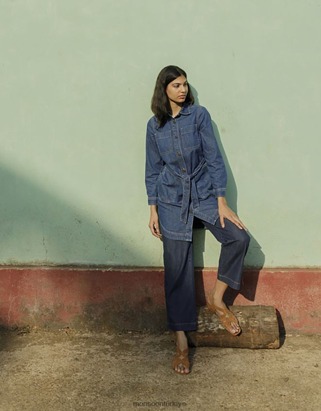 Monsoon kadınlar shirley denim gömlek elbise JH86BT534 Giyim mavi (kot mavisi)