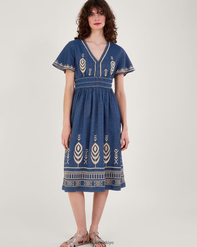 Monsoon kadınlar tavus kuşu tüyü elbise JH86BT541 Giyim mavi (kot mavisi)