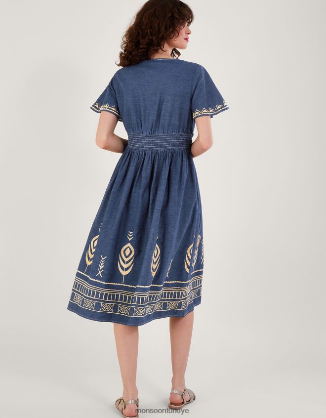 Monsoon kadınlar tavus kuşu tüyü elbise JH86BT541 Giyim mavi (kot mavisi)