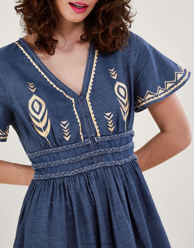 Monsoon kadınlar tavus kuşu tüyü elbise JH86BT541 Giyim mavi (kot mavisi)