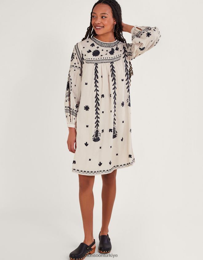 Monsoon kadınlar tek renkli çiçekli elbise JH86BT789 Giyim fildişi