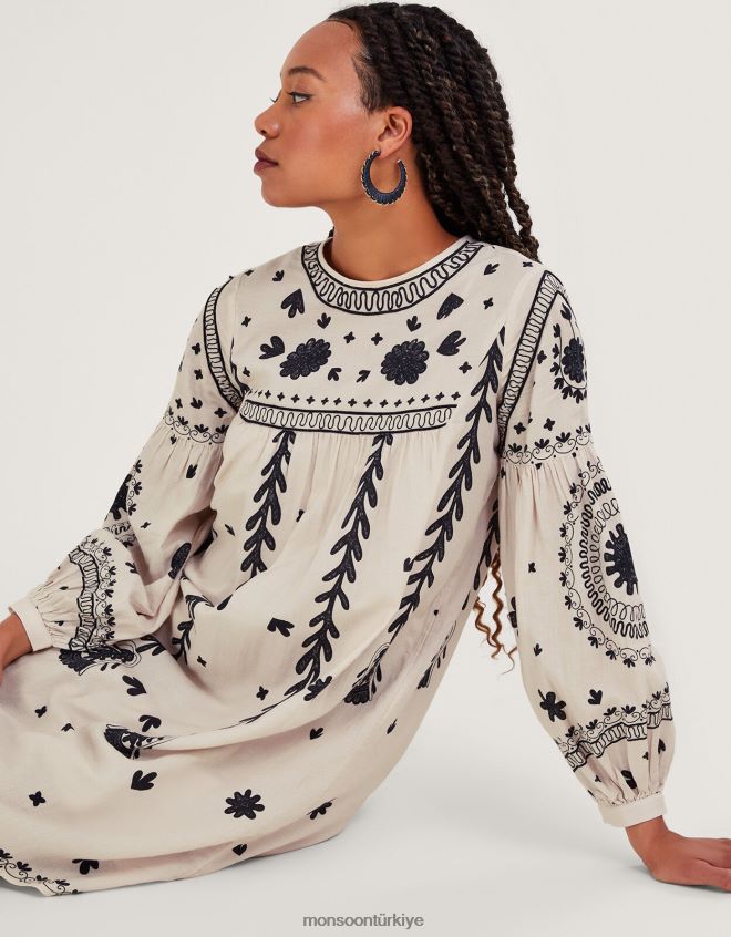 Monsoon kadınlar tek renkli çiçekli elbise JH86BT789 Giyim fildişi