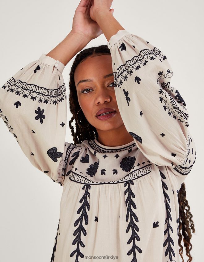 Monsoon kadınlar tek renkli çiçekli elbise JH86BT789 Giyim fildişi