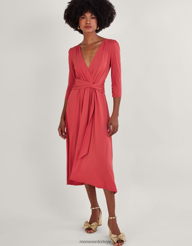 Monsoon kadınlar Geri dönüştürülmüş polyesterden jarse anvelop kesim önü v yaka elbise JH86BT594 Giyim pembe